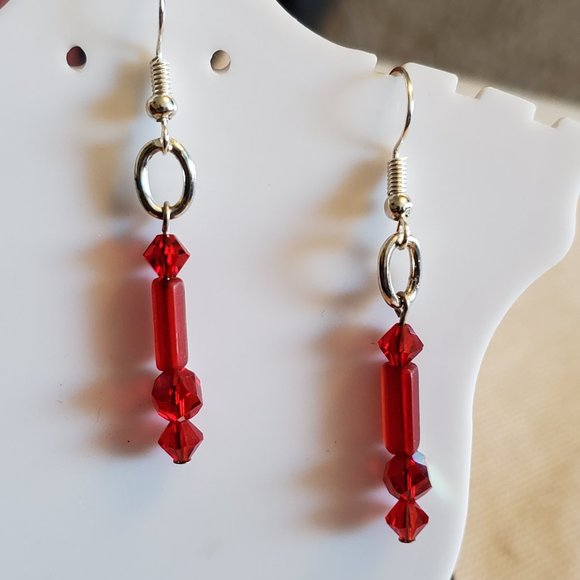 Silver Tone Hook Red Glass Bead Dangle Earrings - Picture 2 of 2